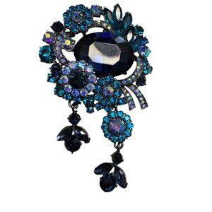 Vintage Blue Rhinestone Floral Brooch With Dangling Charms